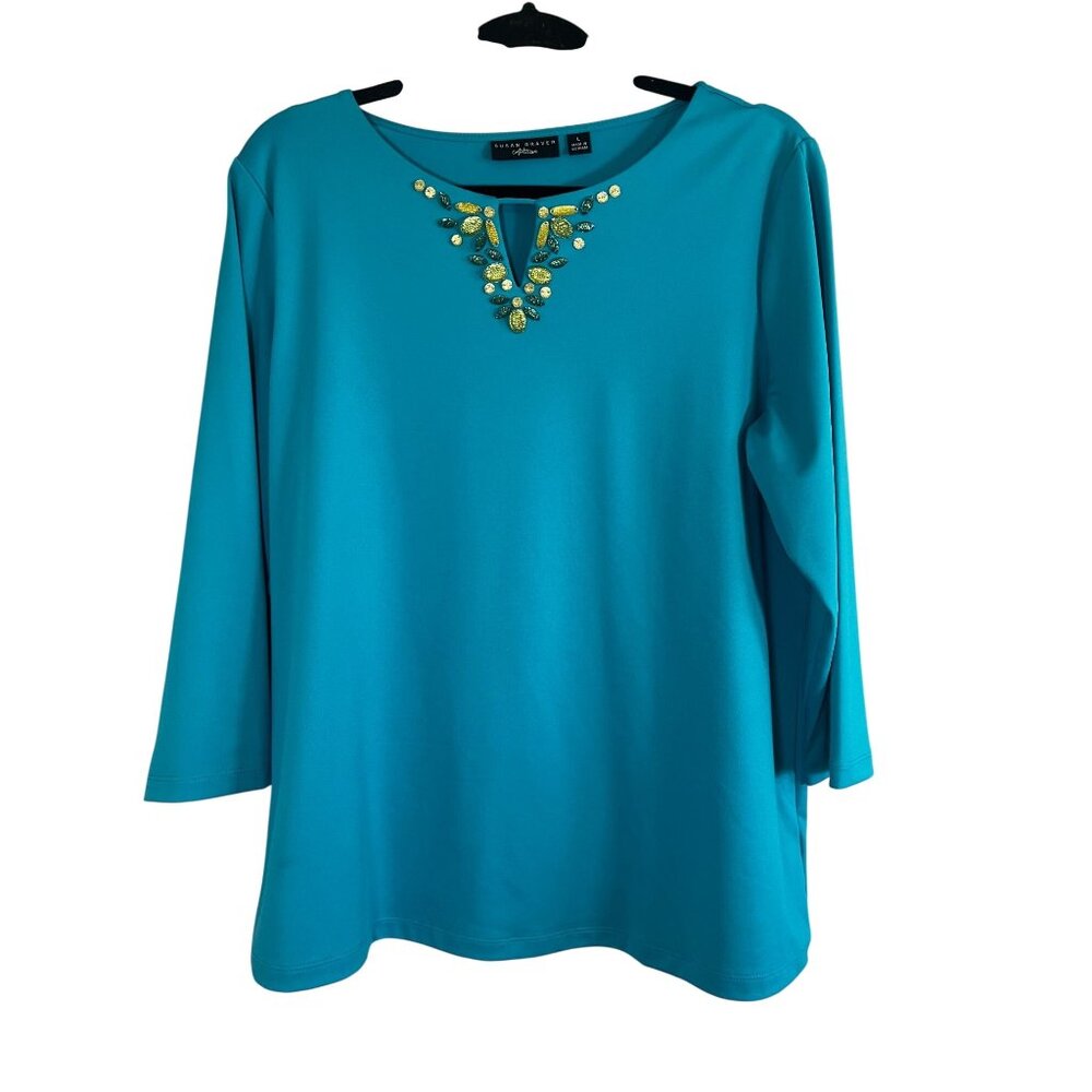 Susan Graver Liquid Knit Jewel‎ Top Blue L Resort Preppy Chic Embellish Colorful
